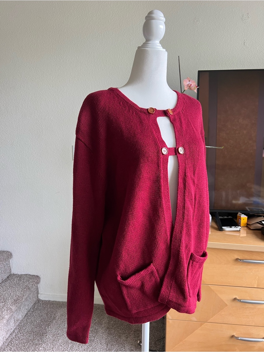 Christopher & Banks Burgundy Ramie/Cotton Knit Button Cardigan Pockets XL